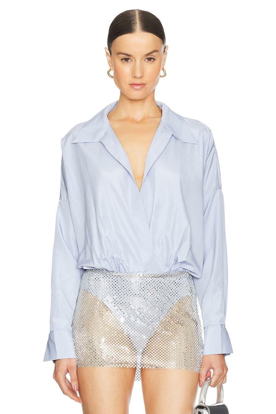Norma Kamali Super Oversized Boyfriend Shirt Bodysuit Misty Blue - XS